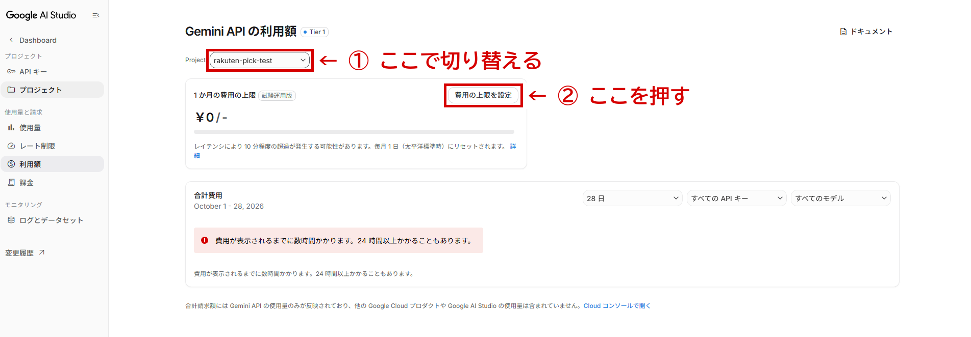 Gemini API の利用額の画面。上に Project の欄、その下に「費用の上限を設定」