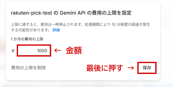 1か月の費用の上限に 1000 と入れた画面