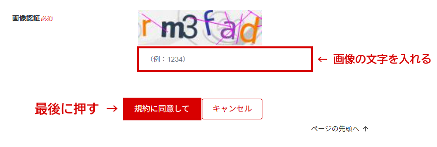 画像認証の欄と「規約に同意して」のボタン